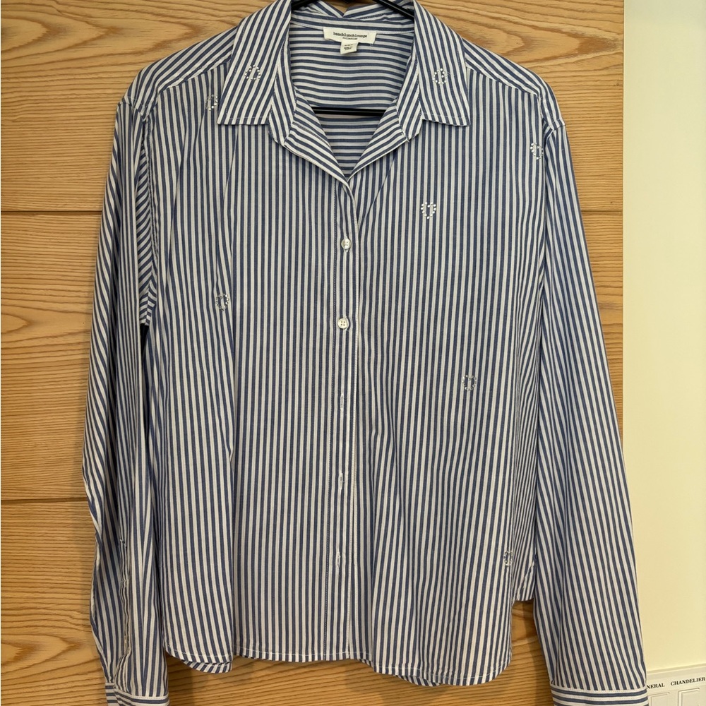 beachlunchlounge Blue and White Striped Women’s Shirt Size Medium